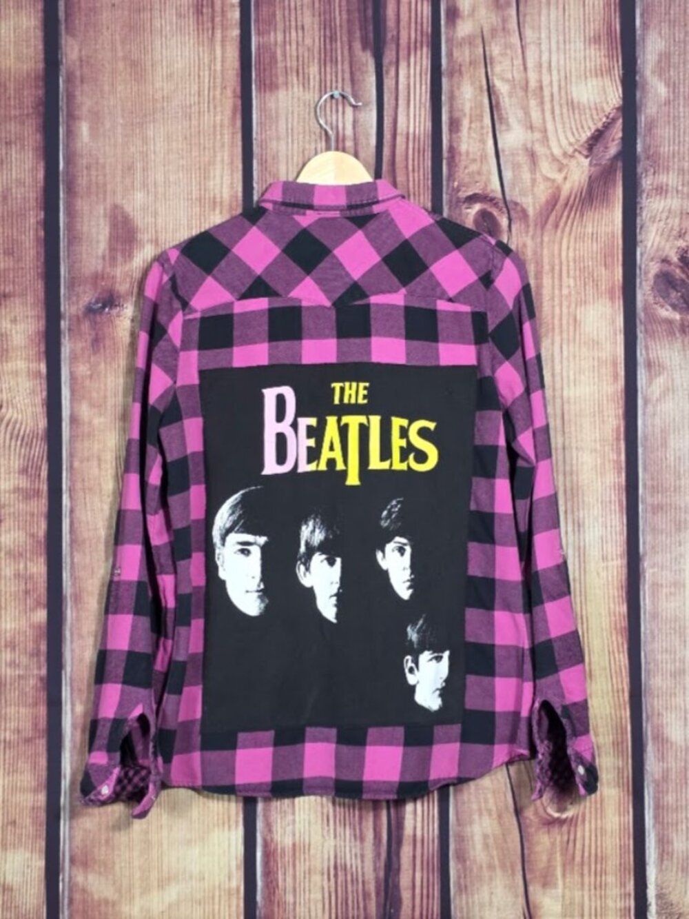 Upcycled Beatles Pink Plaid Flannel Button Up Shirt XS S